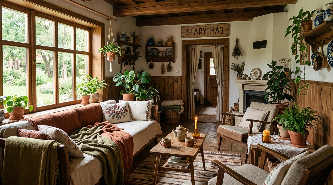 Útulný interiér vintage wellness štúdia movewithease s teplým drevom a rastlinami